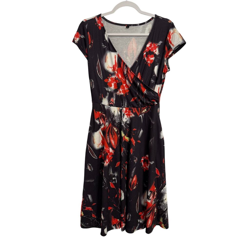 Women's Retro Colorful Floral‎ Art Criss Cross Neck Pocket Stretch Swing Dress M